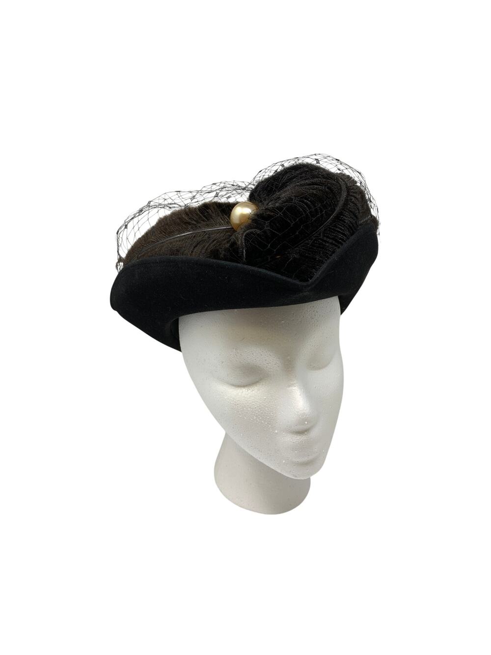 Vintage Karo New York Black Felt Hat Pearl Accent Veil Cocktail Fascinator